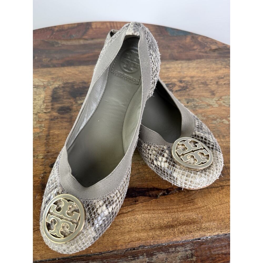 Tory Burch Reva Ballet Flats Haircalf Snakeskin Print Leather Shoes 7.5M Gold - Picture 14 of 16